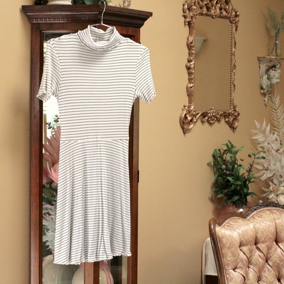 ASOS Striped turtleneck mini dress black white stretchy fit & flare cut out back - Picture 1 of 10